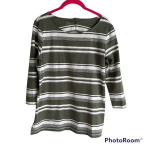 T by Talbots Olive‎ Green and White Striped 3/4 Sleeve Casual Ladies Top, PM